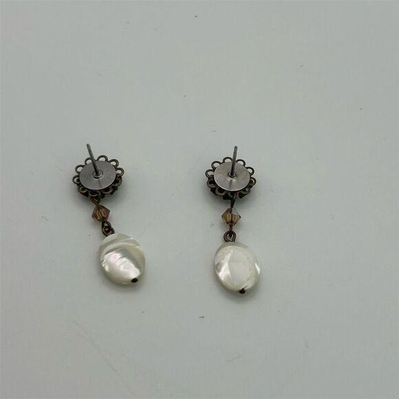 Vintage Floral Aurora Borealis Rhinestones Stud Dangle Pearl Drop Earrings - Picture 6 of 9